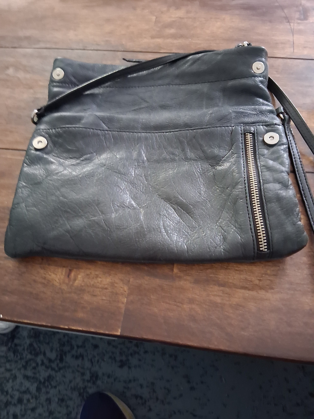 Black Leather Crossbody Bag with Exterior Zipper